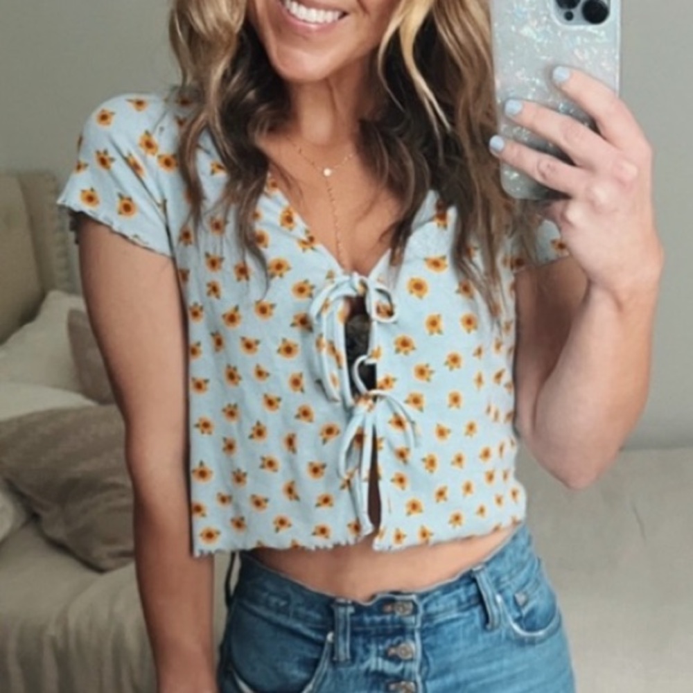 ASOS monki Floral Print flower Tie Front lace bow tee cropped open xs - Picture 2 of 6